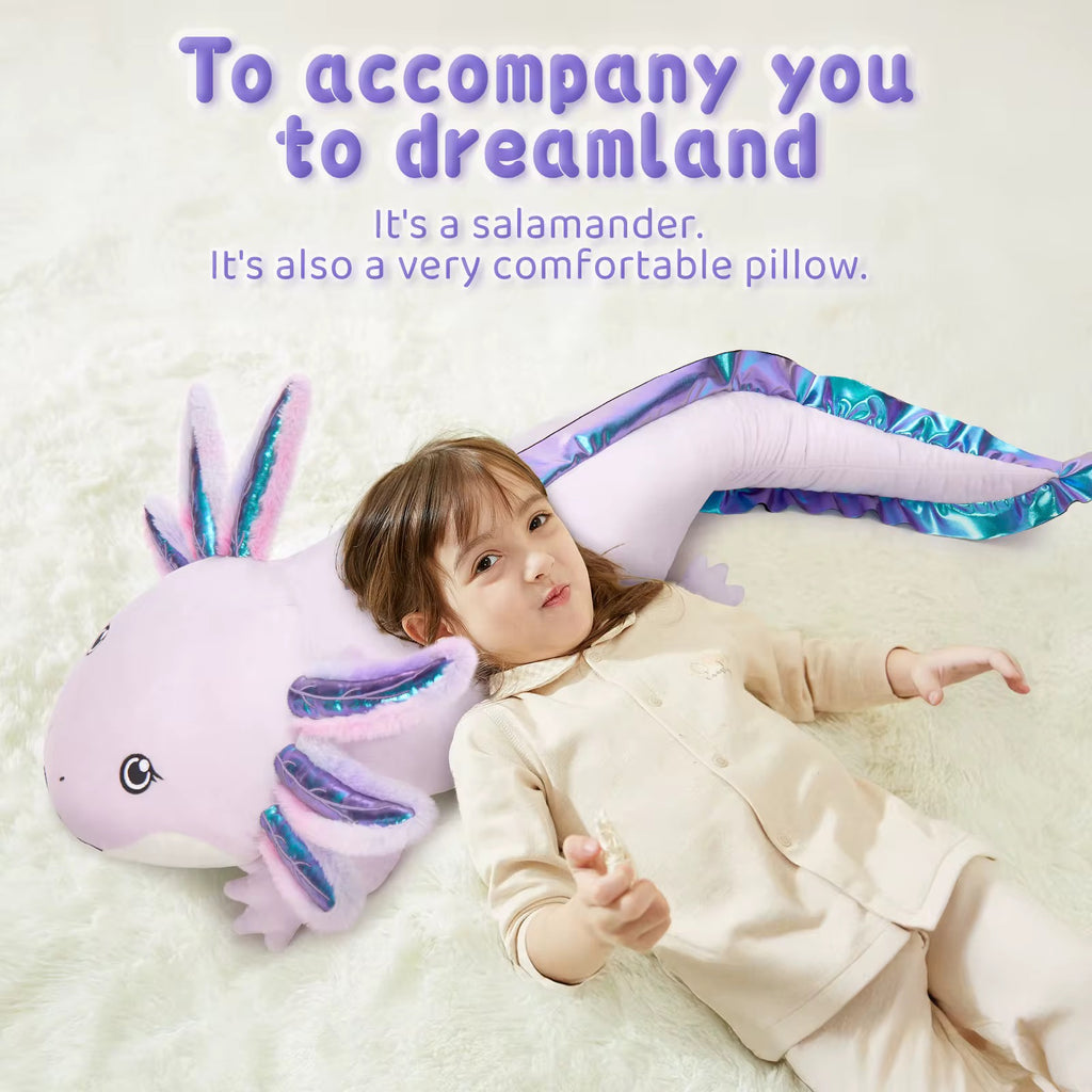 Giant Purple Axolotl Plush Pillow – 43” 3.6ft Extra-Long Cuddle Buddy
