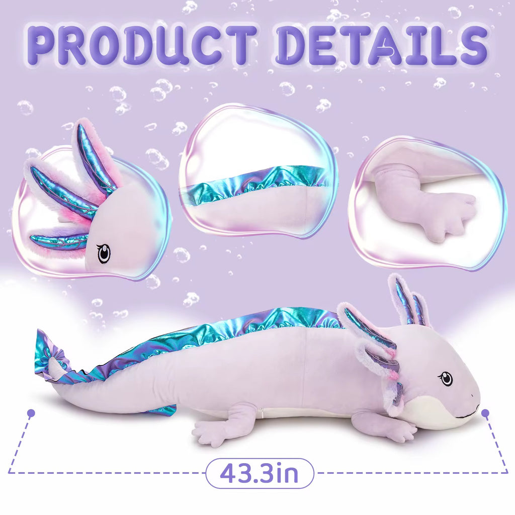 Giant Purple Axolotl Plush Pillow – 43” 3.6ft Extra-Long Cuddle Buddy